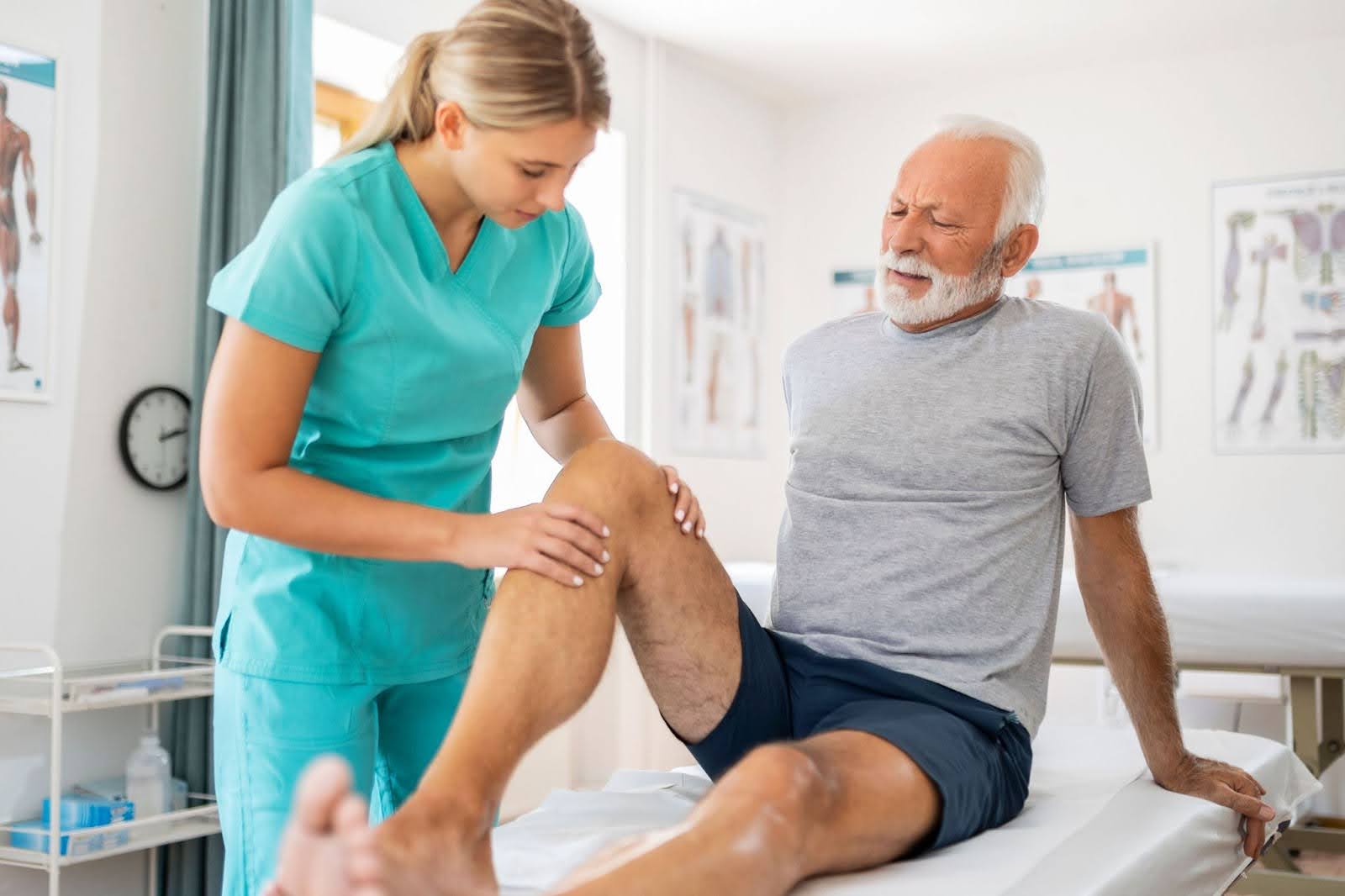 healthcare provider aiding physical therapy to senior